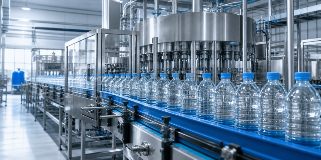 Modern bottled-water production line in a completed manufacturing facility