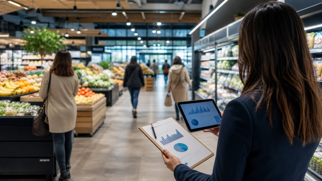 Market researcher reviewing shopper behaviour in a modern supermarket